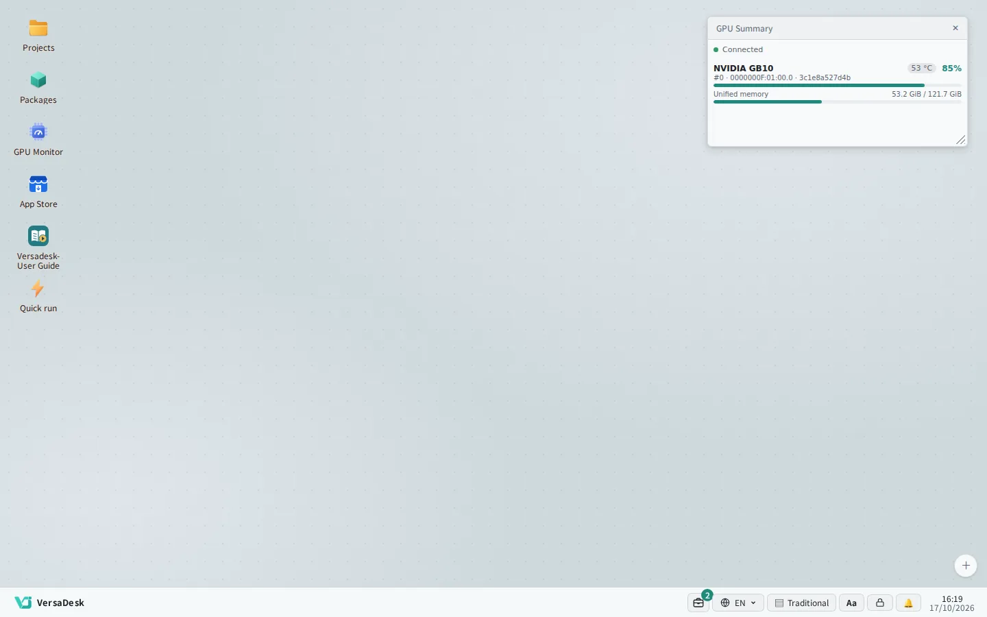 The platform recognises DGX Spark; GB10 and unified memory use show right on the desktop.